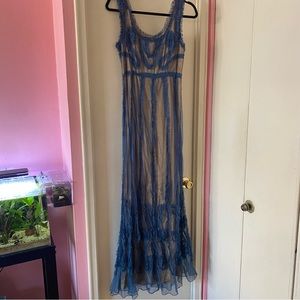 James Coviello Sleeveless Mustard Maxi Dress with Blue Mesh Overlay